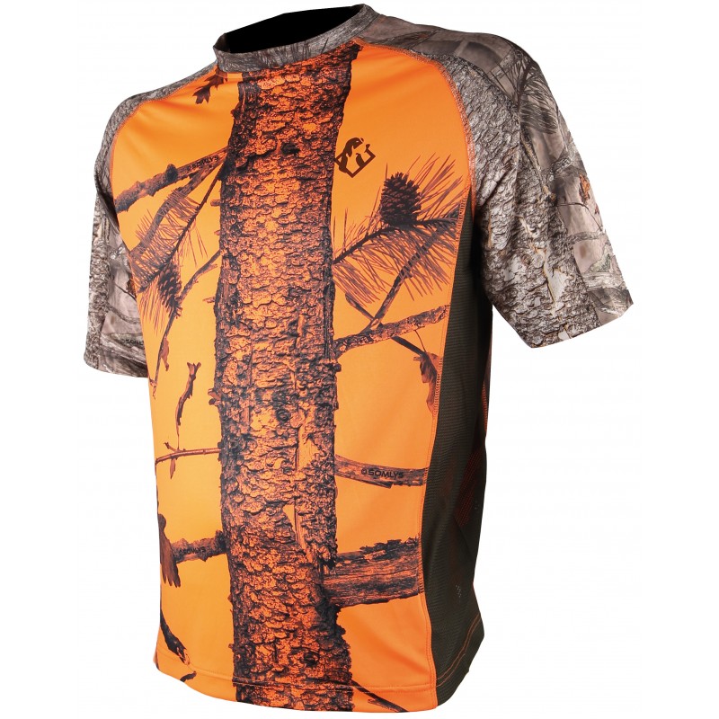 "T-Shirt de chasse Somlys camo orange 053F avec motif camouflage réaliste et touches d'orange vif, idéal pour la visibilité et le style en plein air."