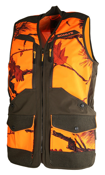 "Gilet de chasse Somlys 218 en camouflage orange et vert, visibilité et discrétion."