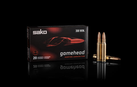 Image montrant les cartouches Sako Gamehead Varmint RX Cal .308 Win, conçues pour offrir une précision exceptionnelle et une expansion contrôlée, idéales pour la chasse au petit gibier et aux nuisibles avec une performance de tir optimale, disponibles en boîte de 20 unités pour une expérience de chasse fiable et efficace