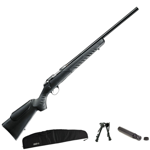 Pack Carabine Sako Quad Heavy Barrel Synthétique calibre .22 LR, parfait pour le tir de précision et les loisirs, avec un canon lourd pour une stabilité optimale, crosse synthétique légère et résistante, convient aux tireurs sportifs et chasseurs à la recherche de performance et fiabilité, silencieux et bipied inclus pour une utilisation polyvalente.