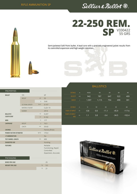 Balles Sellier & Bellot  Semi-Jacketed Soft Point - Cal. 22-250 Rem - ChasseTir.com