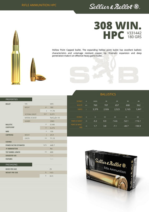 Balles S&B - Cal. 308 Win. HPC - ChasseTir.com