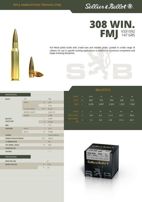 Balles Sellier & Bellot Full Metal Jacket  - Cal. 308 Win - ChasseTir.com