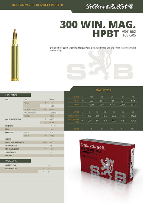 Balles S&B - Cal. 300 Win. Mag. HPBT - ChasseTir.com