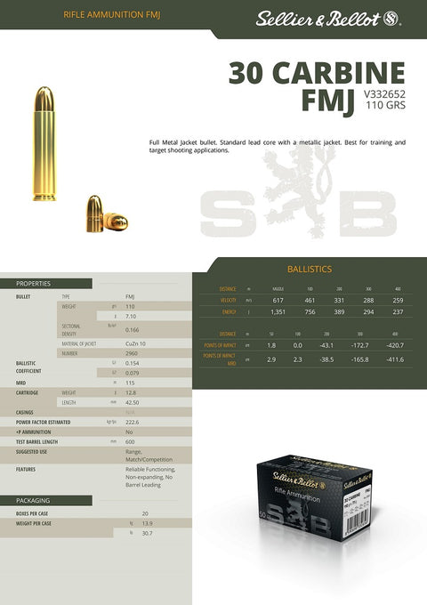 Balles S&B - Cal. 30 Carbine FMJ - ChasseTir.com