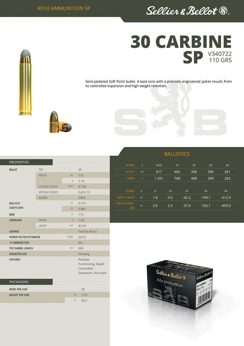 Balles S&B - Cal. 30 Carbine SP - ChasseTir.com