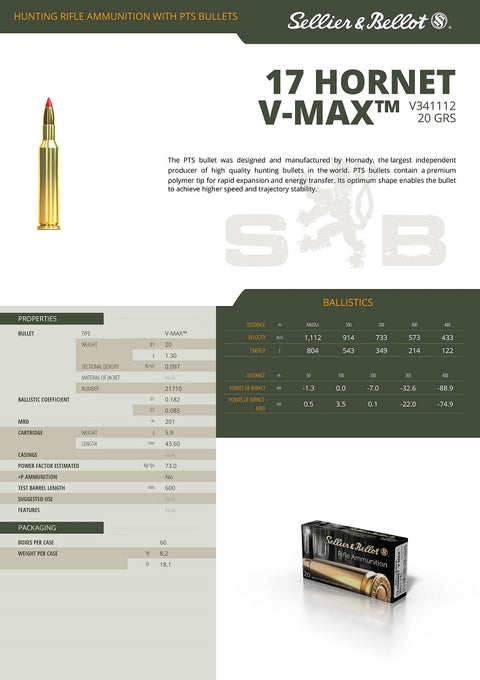 Balles S&B - Cal. 17 Hornet - ChasseTir.com