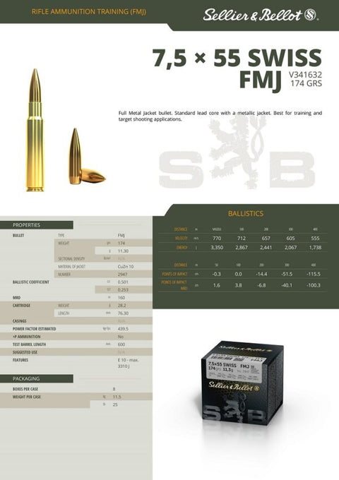 Balles Sellier & Bellot Full Metal Jacket - Cal. 7.5x55 Swiss - ChasseTir.com