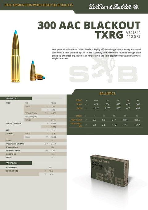 Balles S&B - Cal. 300 AAC Blackout TXRG - ChasseTir.com