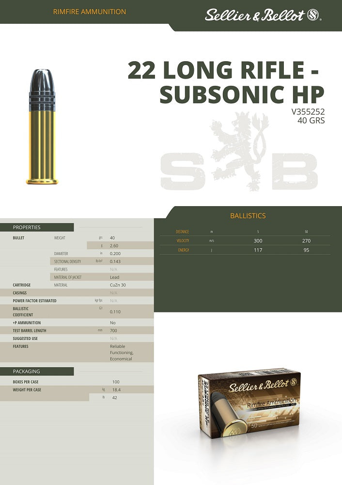 Balles Sellier & Bellot HP Subsonic - Cal. 22LR