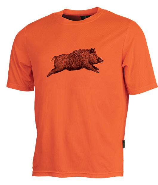 "T-shirt femme Treeland en couleur orange avec motif de sanglier, modèle T009, parfait pour les activités en plein air."