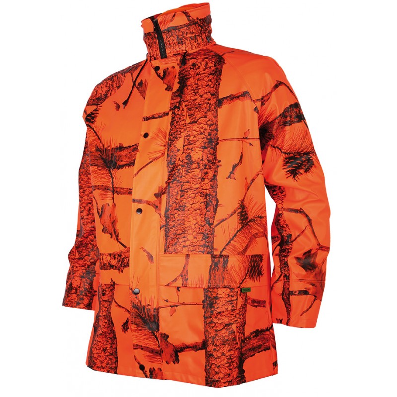 "Veste de pluie Treeland pour enfant en camo orange T425K, offrant protection et style pour les jeunes explorateurs."