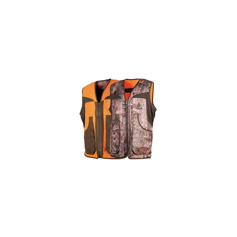 "Gilet réversible Treeland orange/camo forest T610K, offrant polyvalence et style pour la chasse et les loisirs."