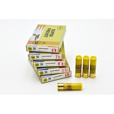 Boîte de cartouches Prevot Super BJ 28 g calibre 20/70, idéales pour la chasse au petit gibier, combinant efficacité et précision avec une qualité balistique exceptionnelle