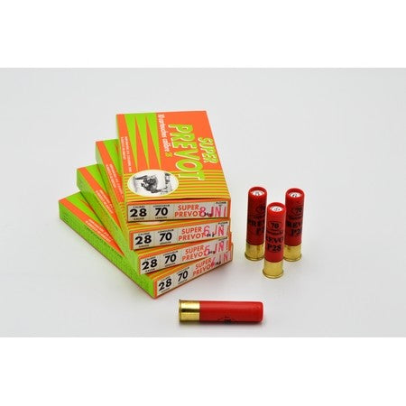 "Boîte de cartouches Prevot Super 28 BJ 20 g calibre 28/70, spécialement formulées pour la chasse au petit gibier, offrant légèreté et précision exceptionnelles pour les amateurs de calibre 28"