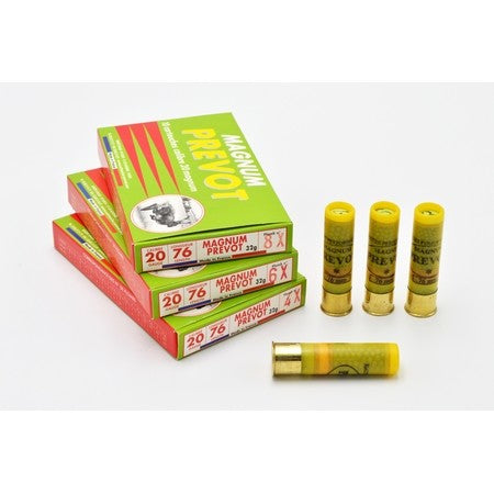 Cartouches de chasse Prevot Magnum 20 BG 32 g calibre 20/76, conçues pour les chasseurs exigeants à la recherche de munitions puissantes pour gibier moyen, garantissant une portée et une force d'impact maximales