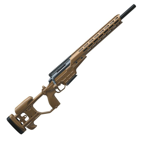 Image de la carabine de précision Sako TRG 22 A1 avec finition Coyote/Brown, crosse pliante pour transport facile, châssis en aluminium robuste, idéale pour tireurs sportifs et applications tactiques, compatible avec accessoires M-LOK et rail Picatinny pour personnalisation, calibres .308 Win et 6.5 Creedmoor disponibles
