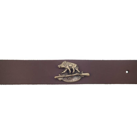 Ceinture Januel Cuir Marron - Boucle Bronze 120x5 cm - Logo Sanglier