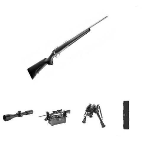 Carabine Sako 85 Carbonlight NS filetée en calibre 308 Win avec crosse en fibre de carbone, dotée d'accessoires premium comme une lunette Microdot FFP 6-24x50 MOA, un bipied Elite Premium et une valise Fuzyon, idéale pour la chasse en montagne et le tir sportif, offrant légèreté, précision et robustesse exceptionnelle.